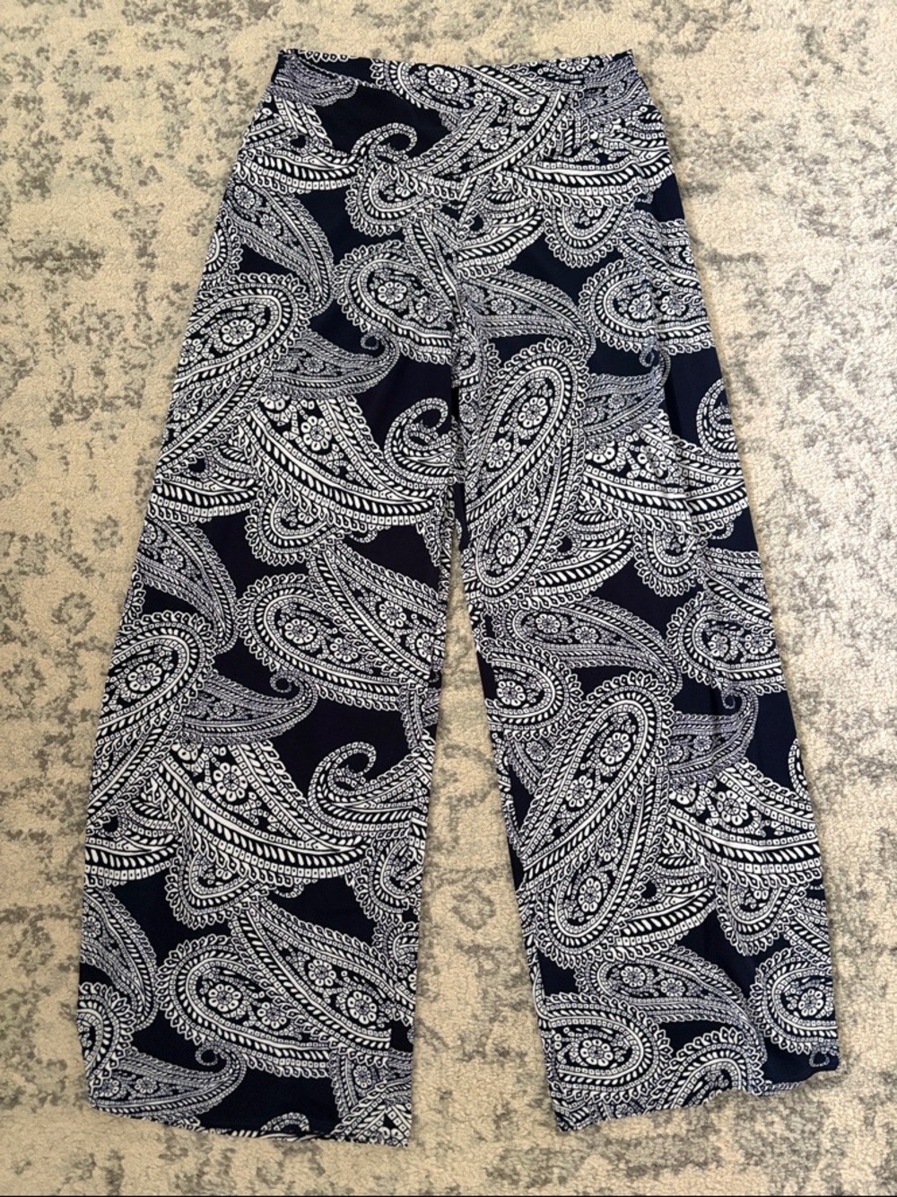 Clara Sun Woo Navy and White Paisley wide leg palazzo Pull-On Pants size XL